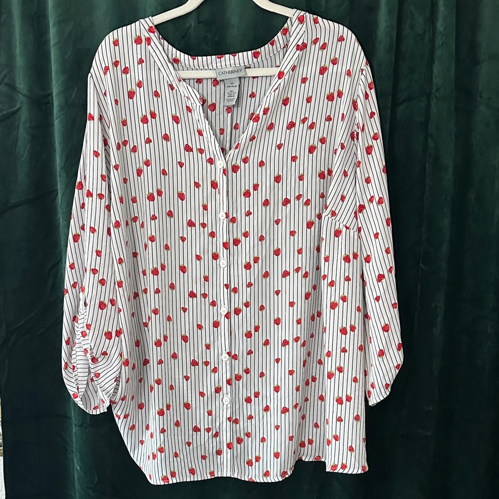 Catherines White Button-Front Blouse with Red Cherry Print